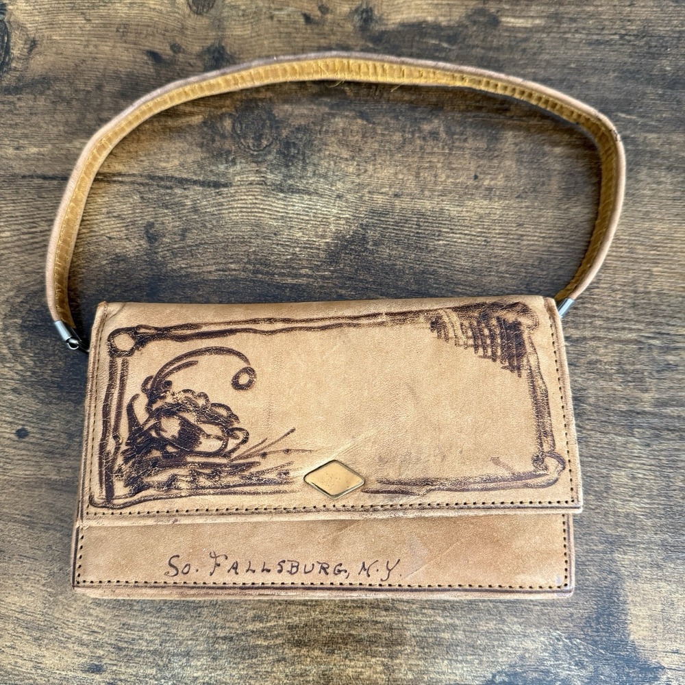 Vintage Mid Century Hand Burned Leather Purse Catskills NY